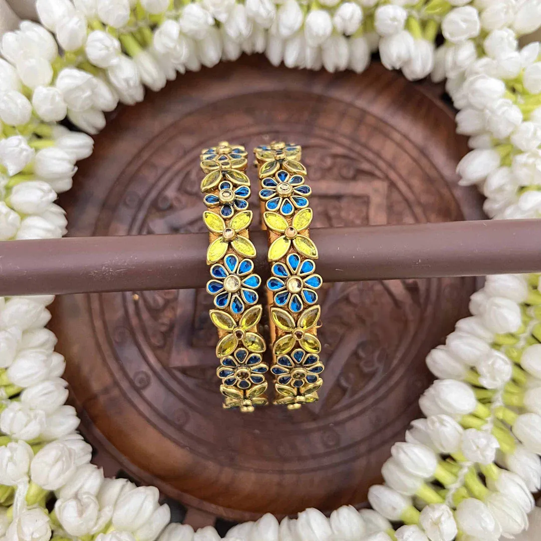 Floral Festive Gold-Toned Crystal Bangles - Yellow & Blue